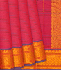 Red Handloom Chettinad Cotton Saree With Stripes-Red