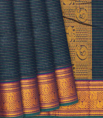 Navy Blue Handloom Chettinad Cotton Saree With Stripes-Navy Blue