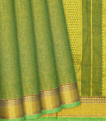 Olive Green Handloom Chettinad Plain Cotton Saree With Kamalam Motifs In Border-Olive Green