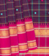 Magenta Handloom Chettinad Cotton Saree With Checks & Buttas-Magenta