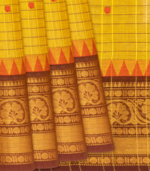 Lemon Yellow Handloom Chettinad Cotton Saree With Checks & Buttas-Lime Yellow