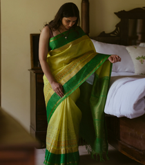 Yellow Handloom Chirala Silk Cotton Saree With Green Border-Yellow