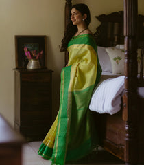 Yellow Handloom Chirala Silk Cotton Saree With Green Border-Yellow