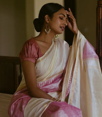 Dusty Pink Handloom Chirala Silk Cotton Saree With Beige Border-Dusty Pink