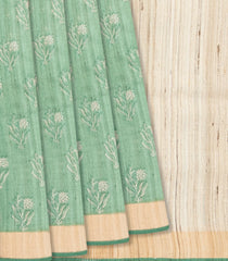 Cardamom Green Handloom Tussar Silk Saree With Printed Floral Motifs & Beige Border-Cardamom Green