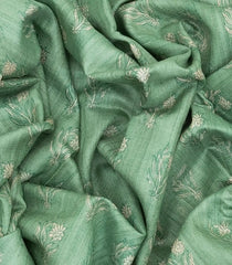 Cardamom Green Handloom Tussar Silk Saree With Printed Floral Motifs & Beige Border-Cardamom Green