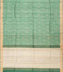 Cardamom Green Handloom Tussar Silk Saree With Printed Floral Motifs & Beige Border-Cardamom Green