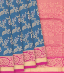 Blue Handloom Soft Silk Saree With Floral Vine Motifs & Pink Border-Blue