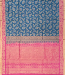 Blue Handloom Soft Silk Saree With Floral Vine Motifs & Pink Border-Blue