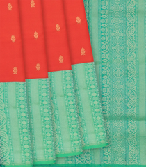 Red Handloom Soft Silk Saree With Floral Butta & Aquamarine Pallu-Red