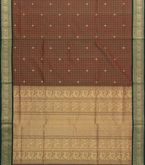 Dark Olive Handloom Silk Cotton Saree With Checks & Buttas-SC4252