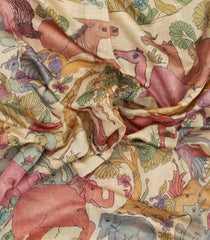 Cream Printed Art Dupion Saree With Animal Motifs-BL6164