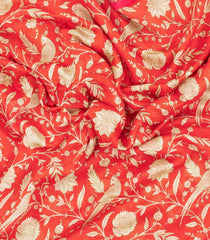 Red Printed Chanderi Cotton Saree With Bird Motifs-CC1752