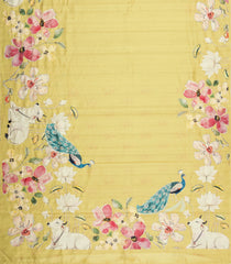 Yellow Printed Art Dupion Saree With Floral Motifs-BL6159