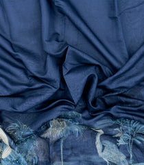 Navy Blue Printed Art Dupion Saree With Floral Motifs-BL6163