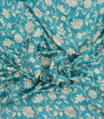 Turquoise Printed Chanderi Cotton Saree With Floral Motifs-CC1757
