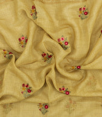 Mustard Embroidered Linen Saree With Floral Motifs-LI0759