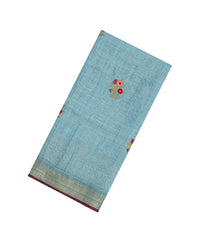 Light Blue Embroidered Linen Saree With Floral Motifs-LI0761