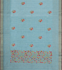 Light Blue Embroidered Linen Saree With Floral Motifs-LI0761