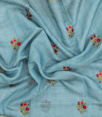 Light Blue Embroidered Linen Saree With Floral Motifs-LI0761