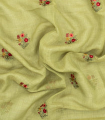 Cardamom Green Embroidered Linen Saree With Floral Motifs-LI0762