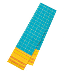 Turquoise Handloom Korvai Kanchipuram Silk Saree With Checks & Mustard Border-KA16635