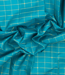Turquoise Handloom Korvai Kanchipuram Silk Saree With Checks & Mustard Border-KA16635