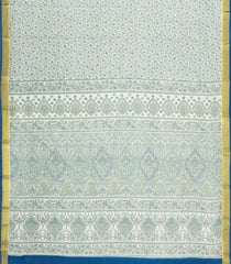 White Printed Silk Saree With Floral Motifs & Zari Border-PS0963
