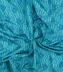 Turquoise Printed Silk Saree With Floral Motifs & Zari Border-PS0969