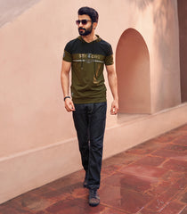 Black & Olive Green Casual T- Shirt-Olive Green-XXL