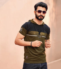 Black & Olive Green Casual T- Shirt-Olive Green-XXL