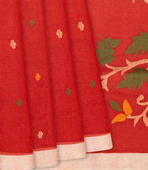 Red Handloom Dhakai Cotton Saree With Buttas & Floral Motifs -Red