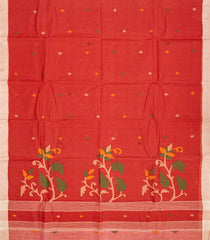 Red Handloom Dhakai Cotton Saree With Buttas & Floral Motifs -Red