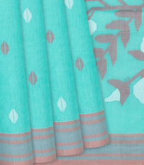 Turquoise Handloom Dhakai Cotton Saree With Buttas-Turquoise