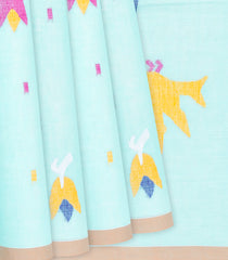 Turquoise Handloom Dhakai Cotton Saree With Flower Motifs-Turquoise