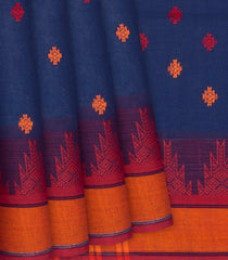 Navy Blue Chanderi Cotton Saree With Temple Motifs-Navy Blue