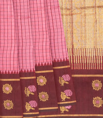 Bubble Gum Pink Handloom Dupion Silk Saree With Checks & Annam Motifs in Border-BubbleGum Pink