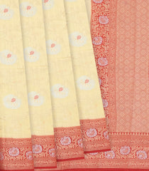 Cream Woven Dupion Silk Saree With Floral Vine Motifs & Red Border-Cream