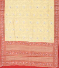 Cream Woven Dupion Silk Saree With Floral Vine Motifs & Red Border-Cream