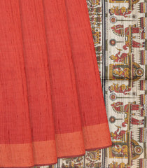 Red Handloom Dupion Silk Saree With Printed Chariot Motifs-Red