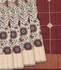 Beige Handloom Dupion Silk Saree With Printed Floral Vine Motifs-Beige