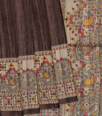 Dark Brown Handloom Dupion Silk Saree With Printed Fish Motifs-Dark Brown