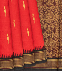 Red Handloom Dupion Silk Saree With Floral Motifs-Red