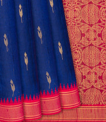 Blue Handloom Dupion Silk Saree With Floral Motifs-Blue