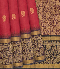 Crimson Handloom Dupion Silk Saree With Floral Motifs-Crimson