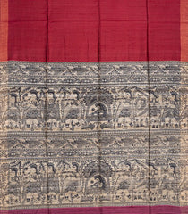 Crimson Handloom Plain Dupion Silk Saree With Printed Palanquin Motifs-Crimson