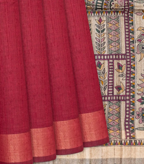 Crimson Handloom Plain Dupion Silk Saree With Printed Wedding Motifs-Crimson