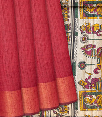 Crimson Handloom Plain Dupion Silk Saree With Printed Chariot Motifs-Crimson