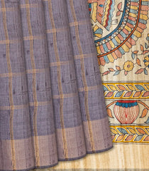 Grey Handloom Dupion Silk Saree With Checks & Printed Palanquin Motifs-Grey