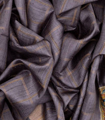 Grey Handloom Dupion Silk Saree With Checks & Printed Palanquin Motifs-Grey